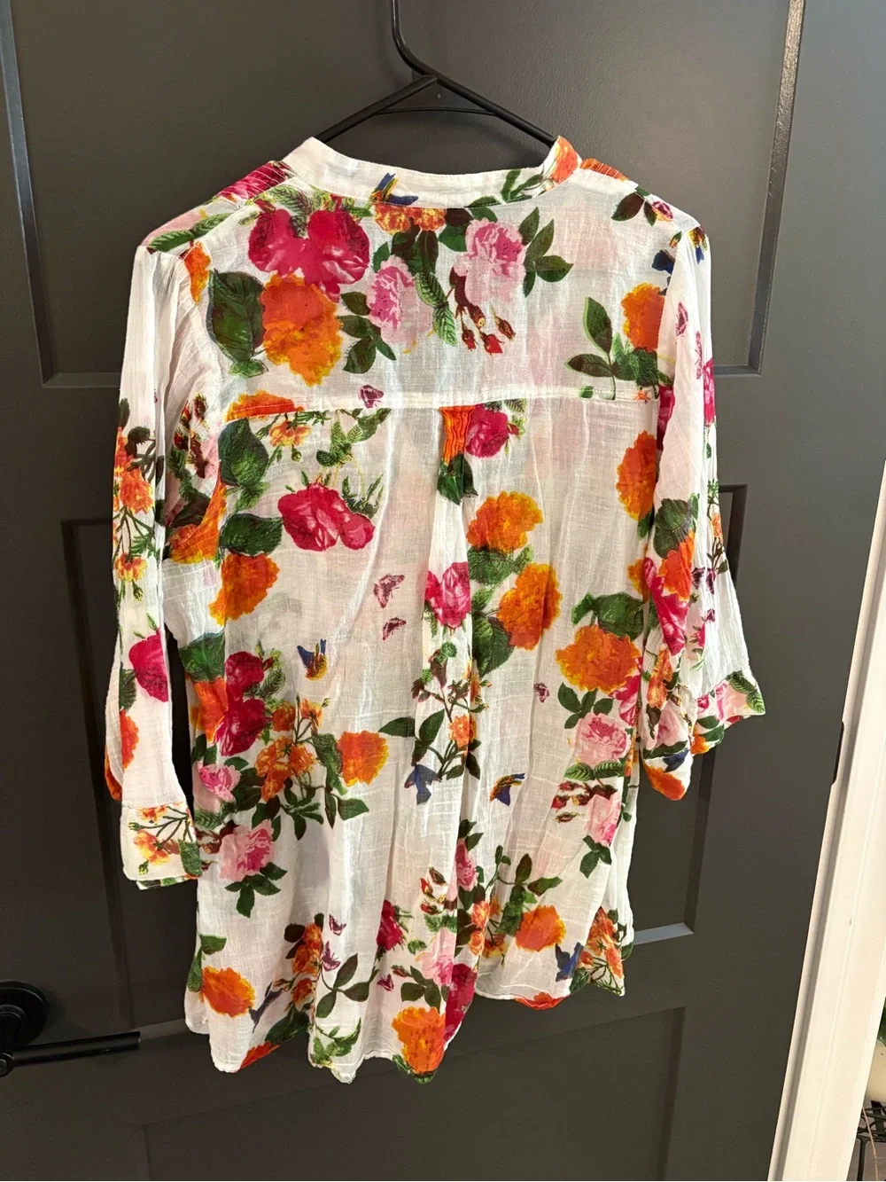 Women's Floral Button-Front Blouse - White with Pink & Orange Floral Print - Picture 2 of 3